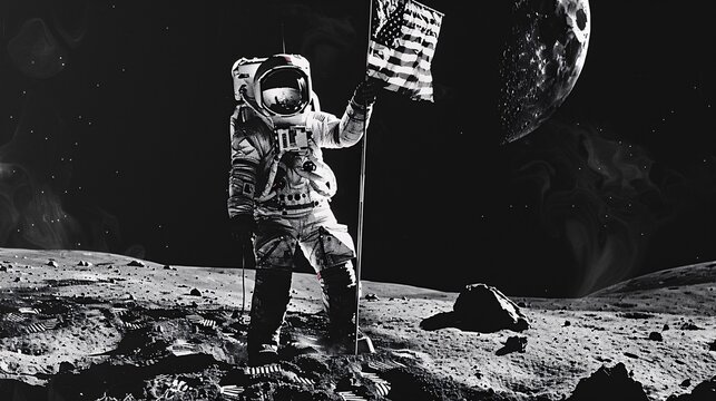 An astronaut planting a flag on the Moon