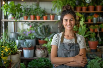 Portrait of plant shop owner standing in shop welcoming customers