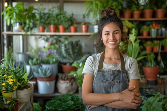 Portrait of plant shop owner standing in shop welcoming customers
