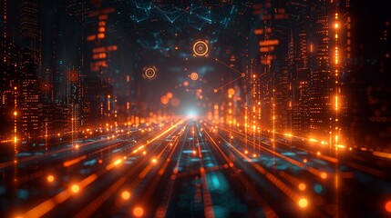 Abstract industrial landscape with glowing tech symbols and dynamic digital lines representing scientific advancements. , Minimalism,