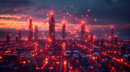 Abstract industrial landscape with glowing tech symbols and dynamic digital lines representing scientific advancements. , Minimalism,