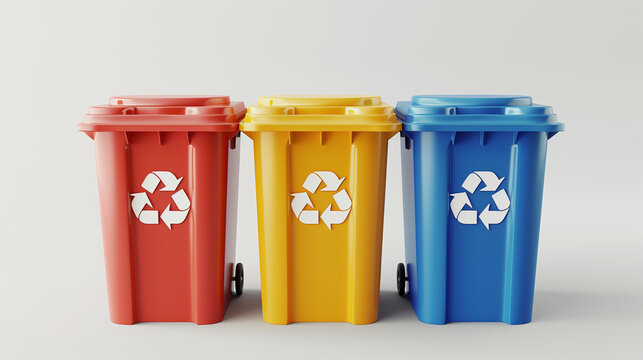 Green rubbish bin on yellow background. A new unbox green large bin isolated on white background. A picture of a large green rubbish bin with wheels.	