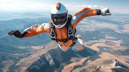 Skydiver in freefall wearing an orange and gray jumpsuit with a matching helmet and sunglasses, aerial view of mountainous and open terrain below.