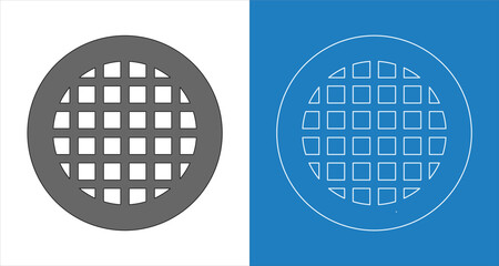 Technical and architectural blueprint wireframe for grid-patterned perforated metal drain covers in drainage systems