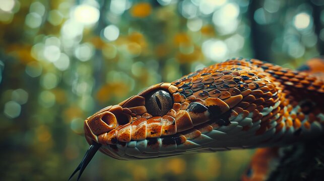 A close up of a snake with its head on a tree.