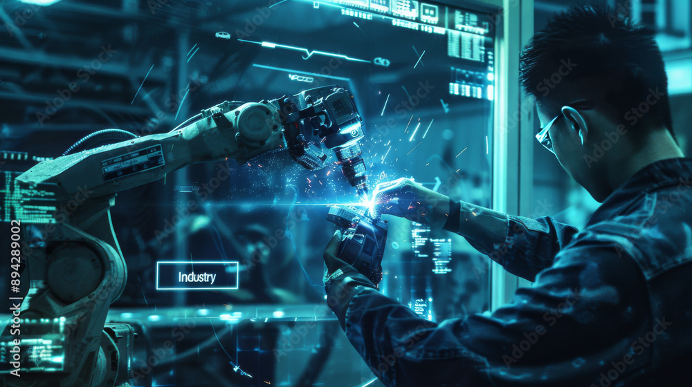 Poster engineers oversee and operate advanced welding robots in a factory setting using monitoring software