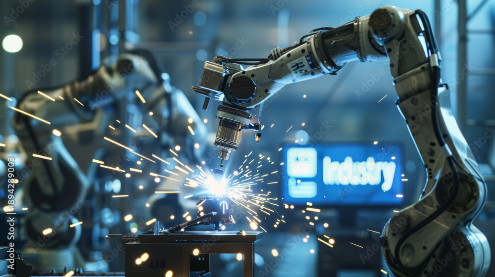 Poster engineers oversee and operate advanced welding robots in a factory setting using monitoring software