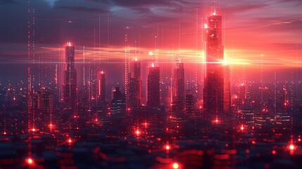 Abstract industrial landscape with dynamic digital lines and holographic elements representing scientific achievements. , Minimalism,