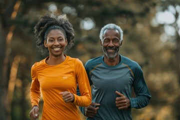 Biracial couple jogging outdoors on sunny day in park.