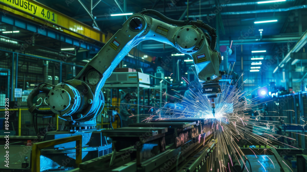 Poster engineers oversee and operate advanced welding robots in a factory setting using monitoring software