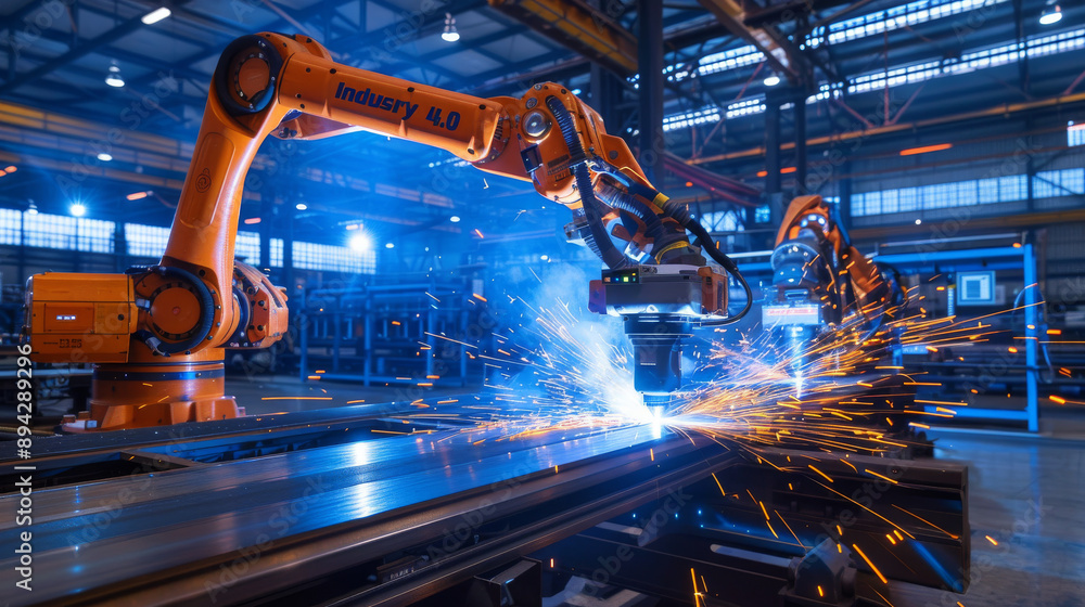 Poster engineers oversee and operate advanced welding robots in a factory setting using monitoring software