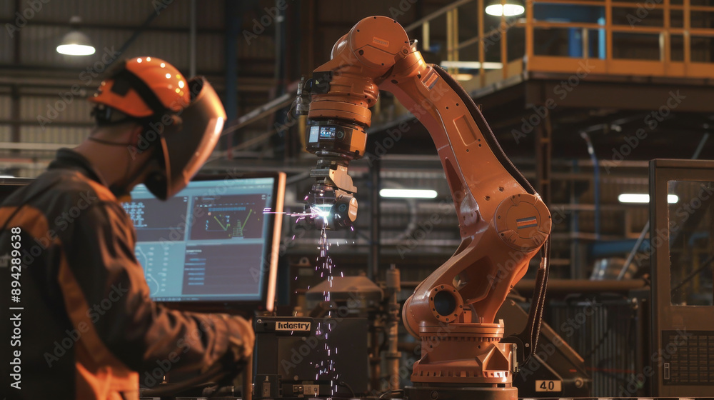 Poster engineers oversee and operate advanced welding robots in a factory setting using monitoring software