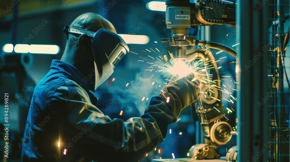 Poster engineers oversee and operate advanced welding robots in a factory setting using monitoring software