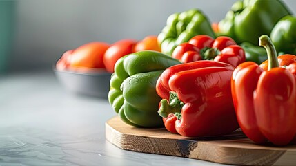 A fresh assortment of colorful bell peppers and tomatoes on a wooden board, perfect for a healthy meal or vibrant cooking ingredient.