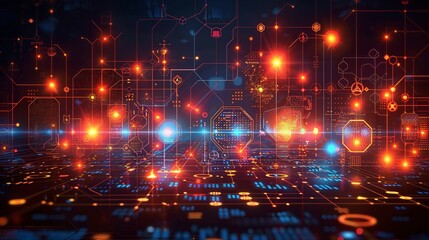 Fototapeta premium Geometric tech symbols and holographic elements in an abstract design showcasing the integration of industrial science. , Minimalism,