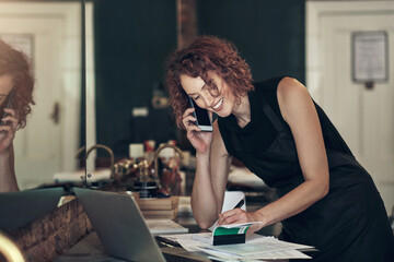 Hair salon, smile and woman with phone call by book for client, appointment and booking...