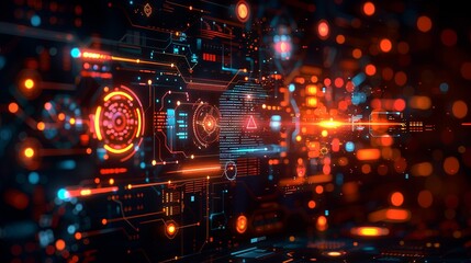 Geometric tech symbols and holographic elements in an abstract design showcasing the integration of industrial science. , Minimalism,