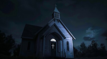 Fototapeta premium A church at night with lightning and clouds.