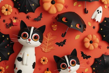 Naklejka premium A cheerful Halloween scene with cute cats pumpkins umbrellas and other festive decorations on an orange background