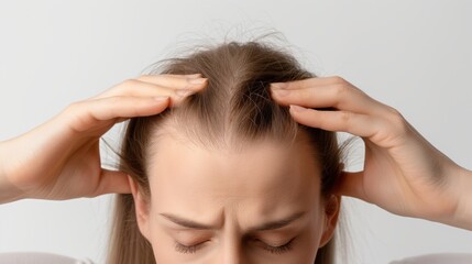 Fototapeta premium Close-up of a person's scalp with hands on either side of the head, suggesting checking for hair loss or scalp discomfort.
