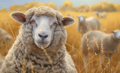 Close-up of a sheep standing in a field with tall, golden grass.