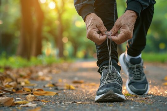 Elderly man preparing to jog in park  retirement fitness.
