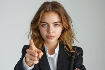 Confident young businesswoman in formal attire pointing at copy space.