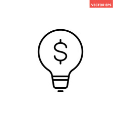 Single black light bulb with dollar mark line icon, simple financial idea graphic flat design interface infographic element for app ui ux web button, vector isolated on white background
