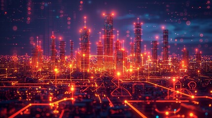 Abstract industrial landscape with glowing tech symbols and holographic elements showcasing advancements in science. , Minimalism,