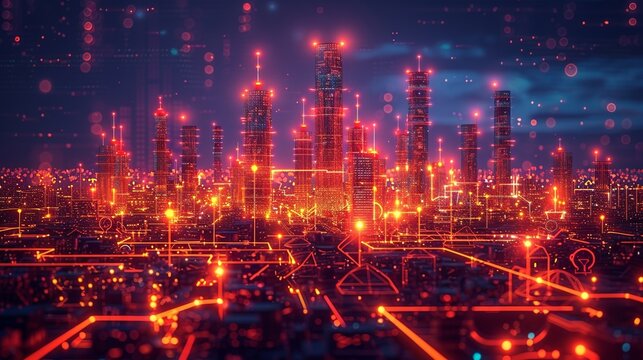 Abstract industrial landscape with glowing tech symbols and holographic elements showcasing advancements in science. , Minimalism,