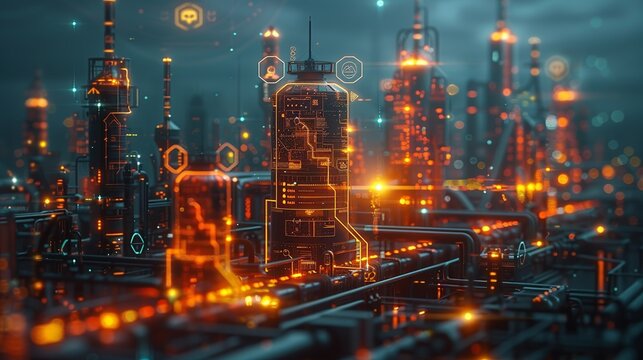 Abstract industrial landscape with glowing tech symbols and holographic elements showcasing advancements in science. , Minimalism,