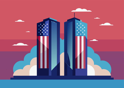 Cartoon illustration of twin towers with American flags.  A cartoon illustration depicts the twin towers adorned with American flags, set against a cityscape backdrop