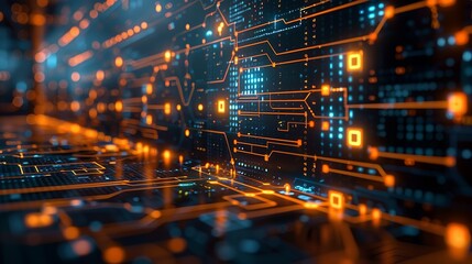 Abstract futuristic design with interconnected circuits and digital lines highlighting advancements in science. , Minimalism,