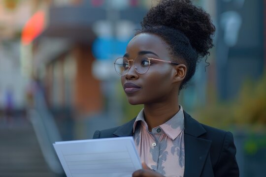 African American businesswoman with documents in urban setting.