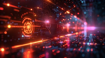 Obraz premium Geometric tech symbols and holographic elements in an abstract design representing advancements in industrial science. , Minimalism,