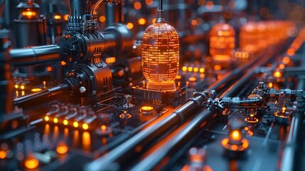 Abstract visualization of digital codes and mechanical components symbolizing the merging of technology and industrial processes. , Minimalism,