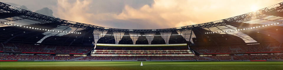Wide angle view on empty soccer stadium and filled stands with sports fans waiting for open air game with sunset clear sky. 3D render. Concept of outdoor sport, activity, football, championship, match
