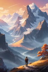 Breathtaking Mountain Landscape - Adventurer Standing at Sunset Overlooking Majestic Peaks and River Valley - Stunning Nature Art - Perfect Wall Decor for Nature Lovers and Outdoor Enthusiasts