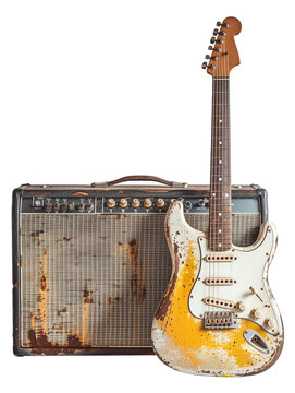 Old rustic yellow over white electric guitar and old guitar amplifier on transparent background
