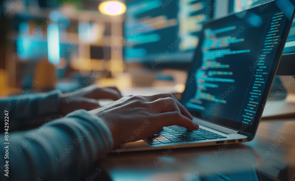 Poster close-up of hands typing on a laptop with code on the screen.