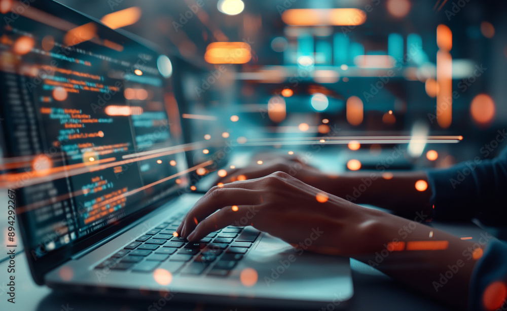 Poster close-up of hands typing on a laptop with code on the screen.