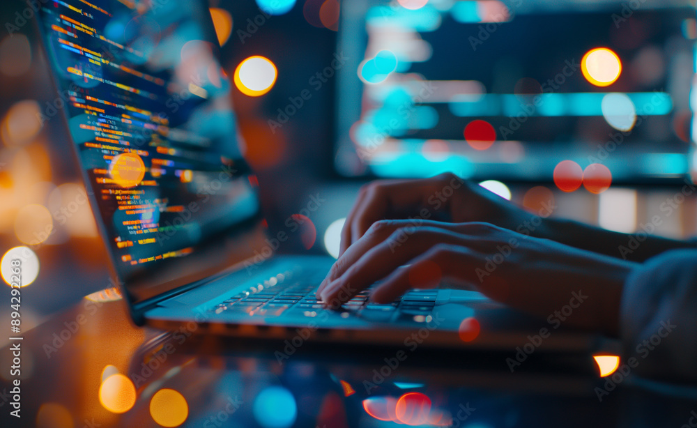 Poster close-up of hands typing on a laptop with code on the screen.