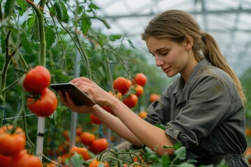 Woman agronomist researching organic tomato cultivation in greenhouse.