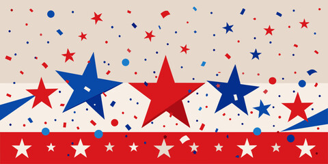Obraz premium An arrangement of red, white, and blue stars against a white backdrop. A row of red, white, and blue stars on a white background representing elements like the American flag, symmetry, and a creative 