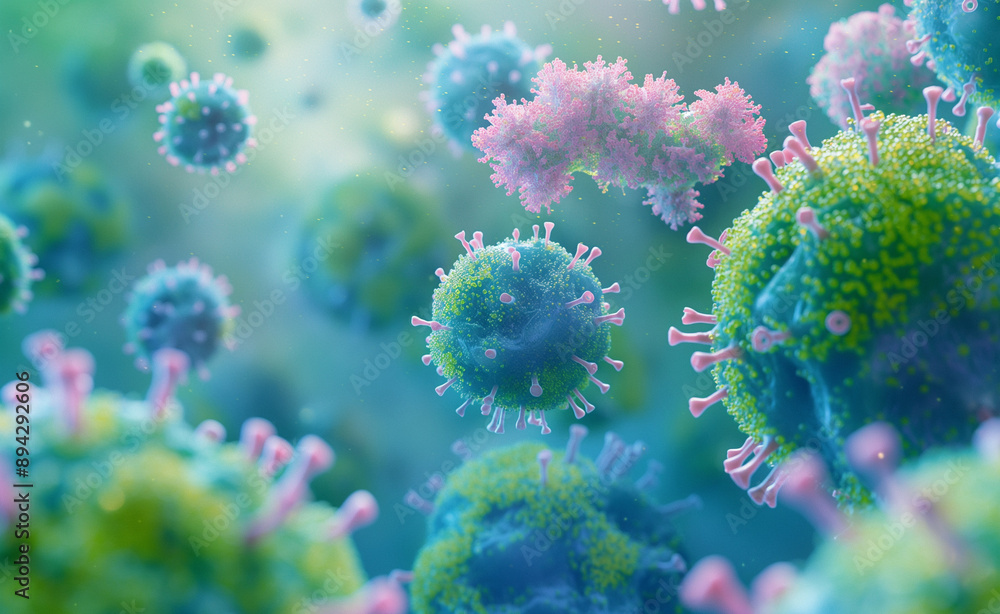Poster microscopic view of various viruses with green and pink structures.