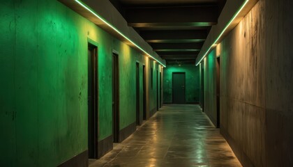 Green and Brown Corridor with LED Lighting.