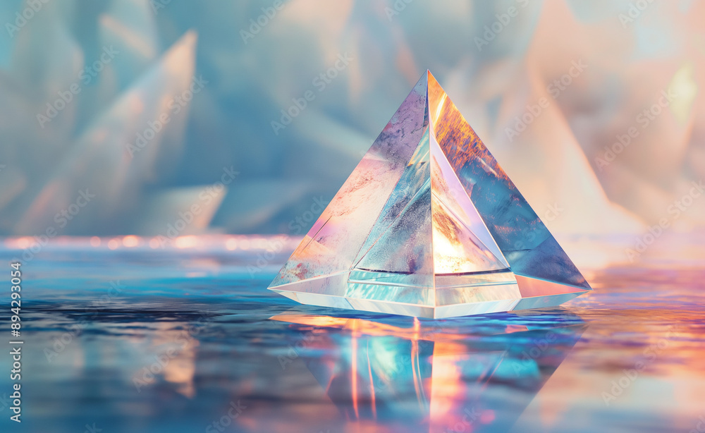 Poster crystal pyramid with colorful light reflections and bokeh background.