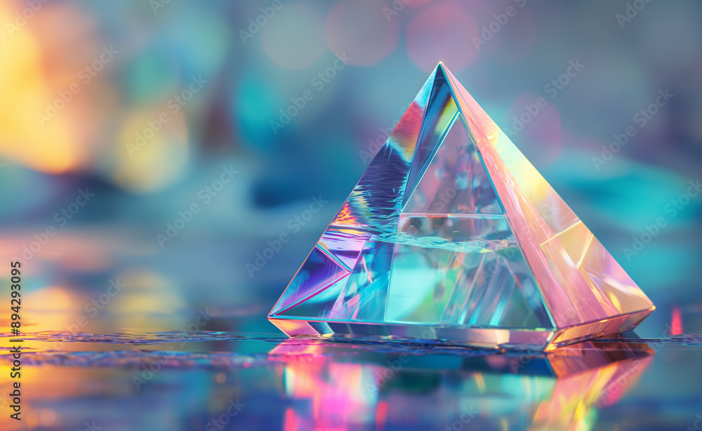 Poster crystal pyramid with colorful light reflections and bokeh background.