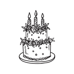 Beautiful birthday cake with rose flowers and candles decorated with glaze in black on white. Hand drawn vector sketch illustration in doodle engraved vintage line art style. Happy birthday.