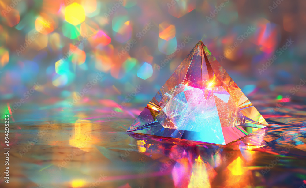 Poster crystal pyramid with colorful light reflections and bokeh background.
